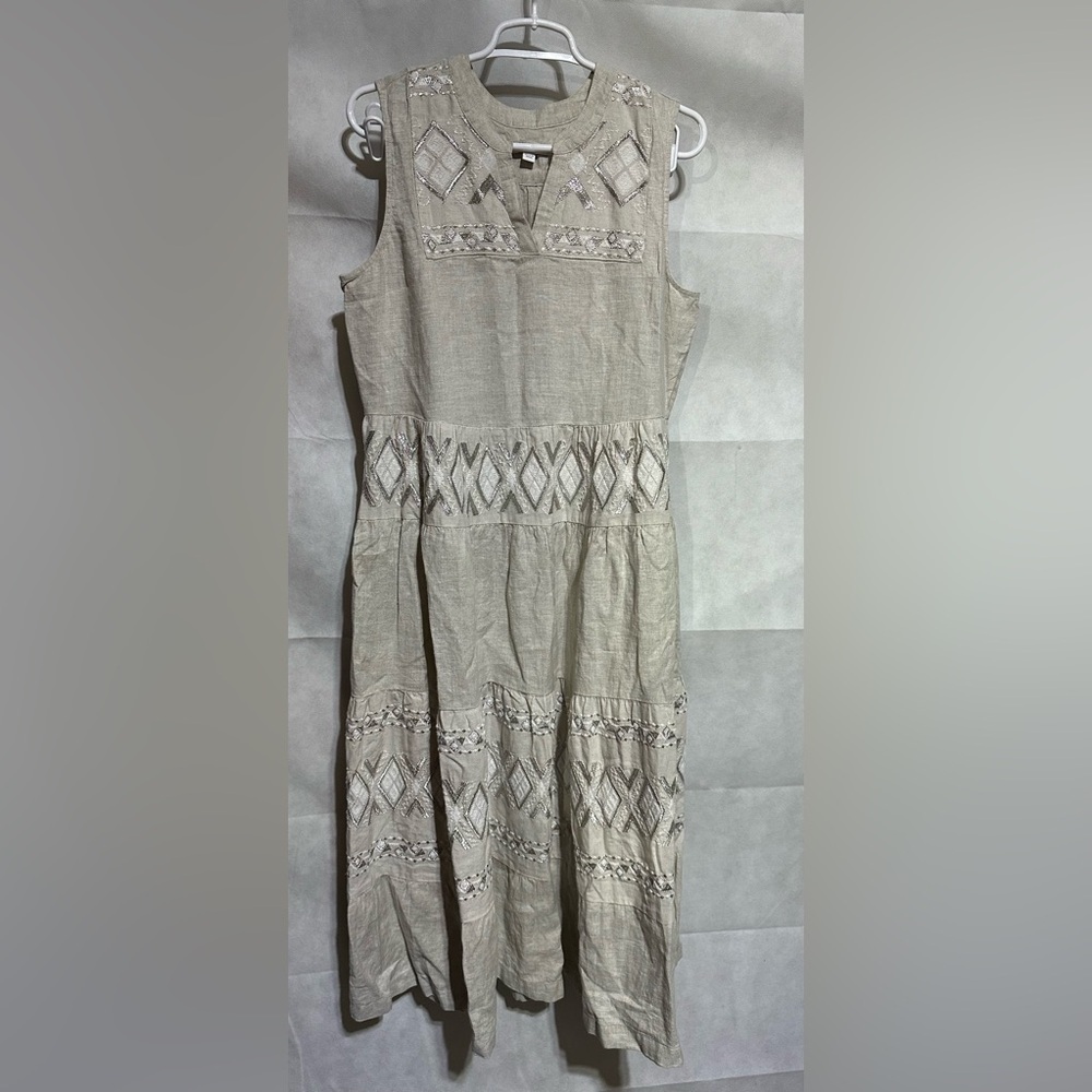 CHICO'S Linen Tiered Embroidered Maxi Dress Sz 1 US 8 Pockets Metallic $179.00